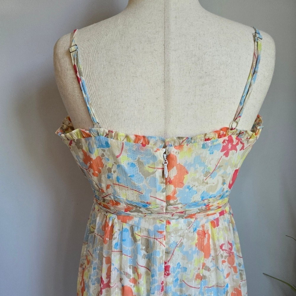 LIKELY NEW Raffy Ivory Pastel Floral Ruffle Tie Waist Maxi Dress SZ 12 Coquette - Picture 7 of 11